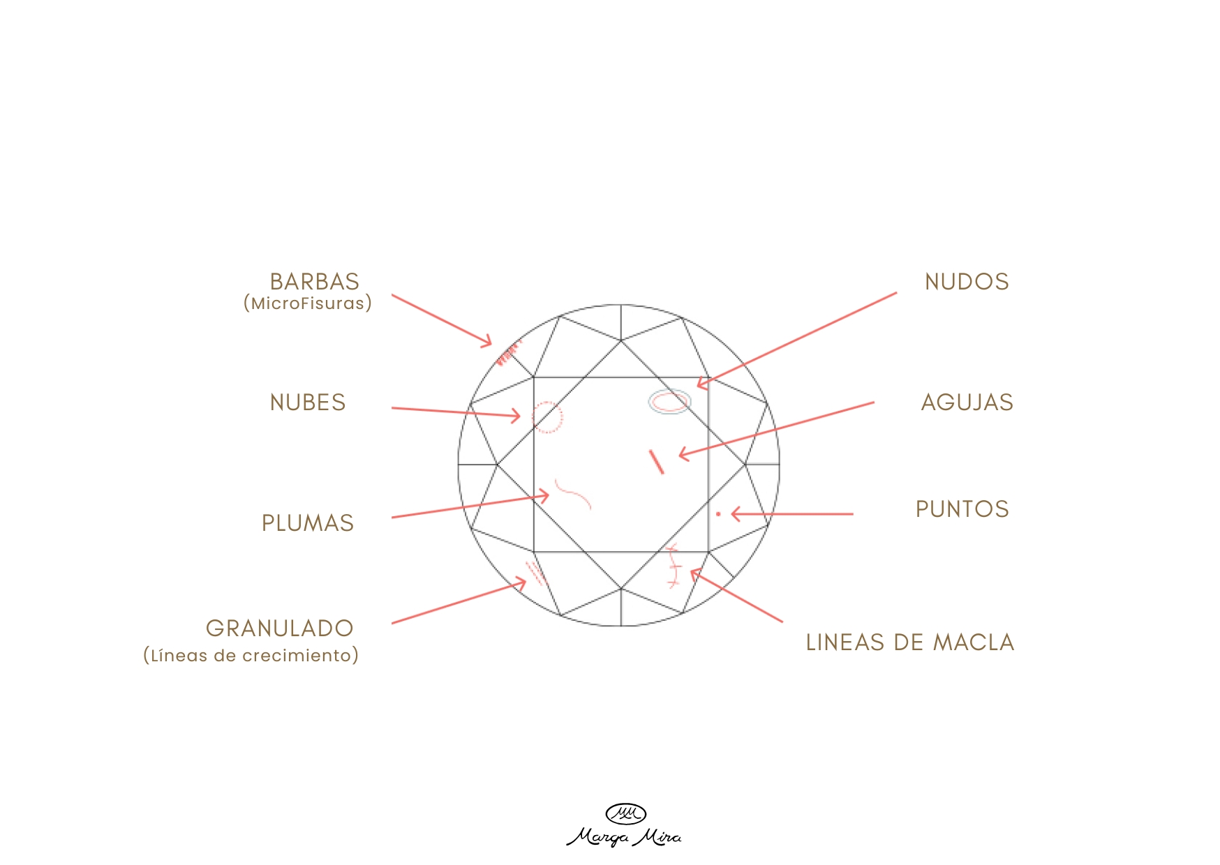 Gráfico para comprender las inclusiones y manchas que definen el grado de claridad o pureza de los diamantes